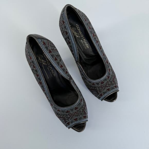 Donald J Pliner Women’s Pumps 7M CECI Beaded Gray Red Peep Toe Platform Heels - Picture 5 of 8